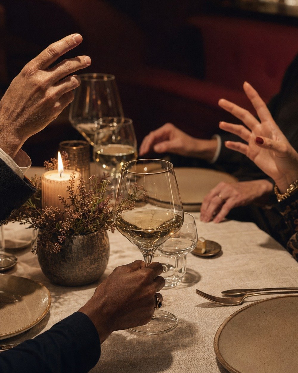 Hands, glassware and candlelight during a lively table conversation
